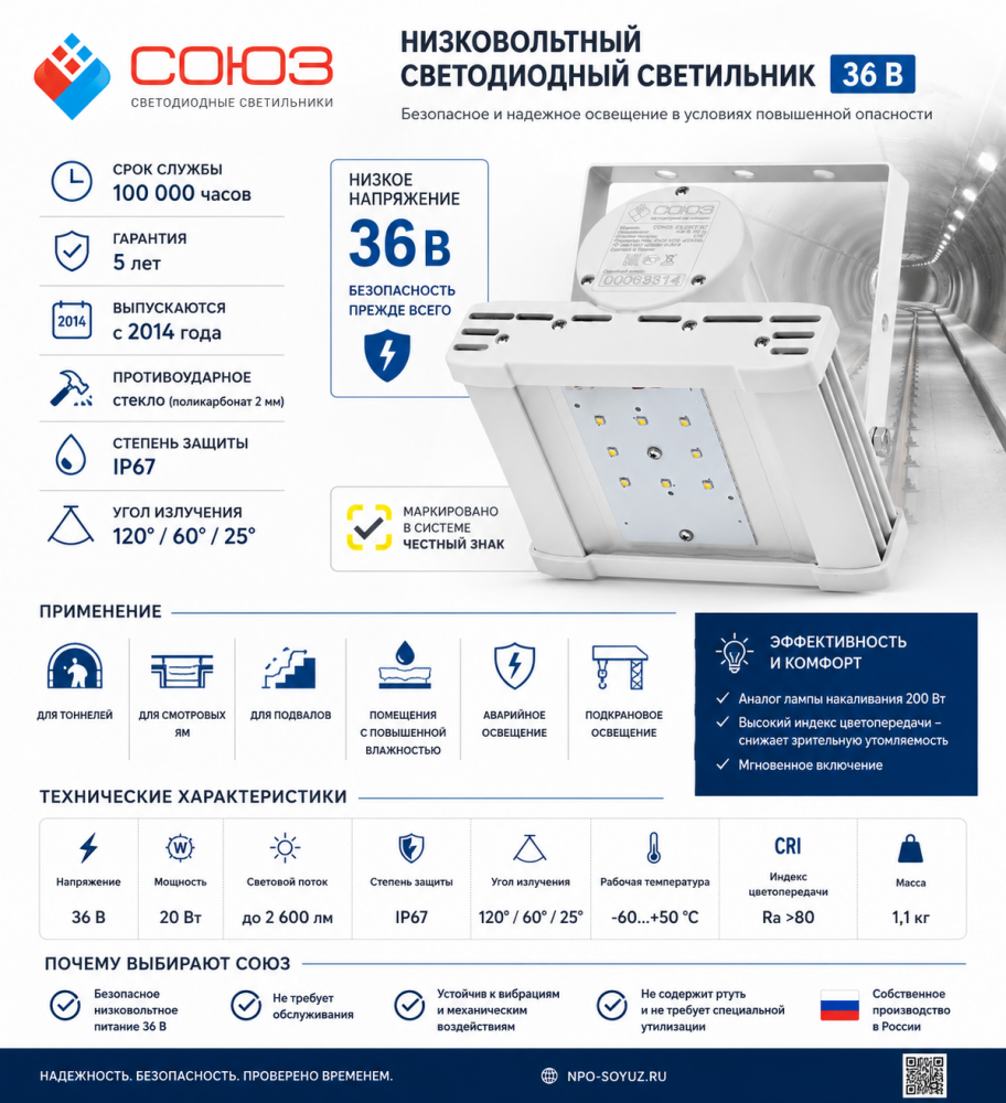 Низковольтный светодиодный светильник СОЮЗ 23-20/1-67 (36В)